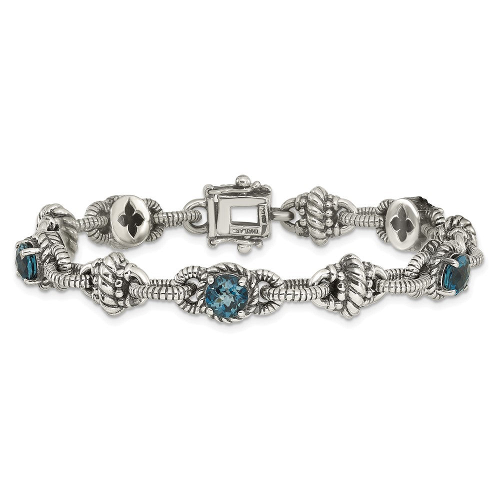 Shey Couture Sterling Silver 7.75 inch Antiqued Round London Blue Topaz Bracelet 7.75 inches