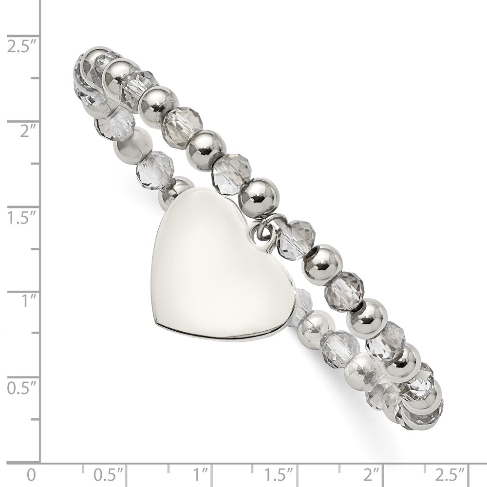 Stainless Steel Polished w/Grey Glass Beads Heart Dangle Stretch Bracelet 6.5 inches
