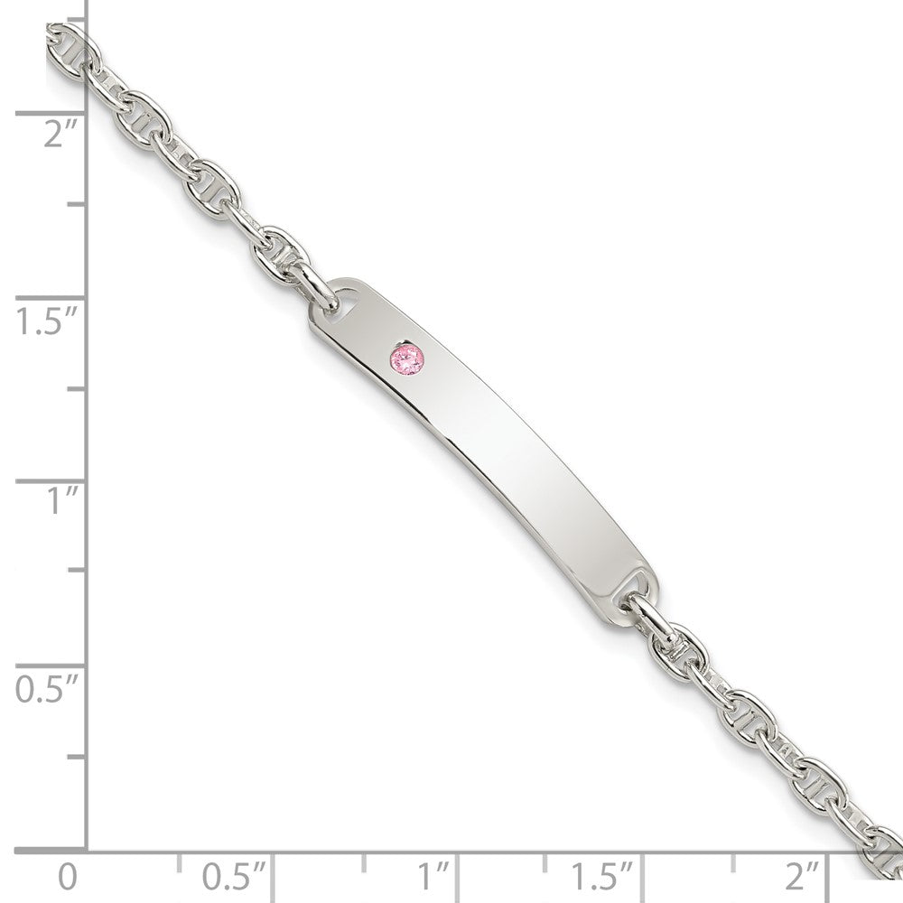 Sterling Silver Polished ID with Pink CZ Bracelet 7.5 inches
