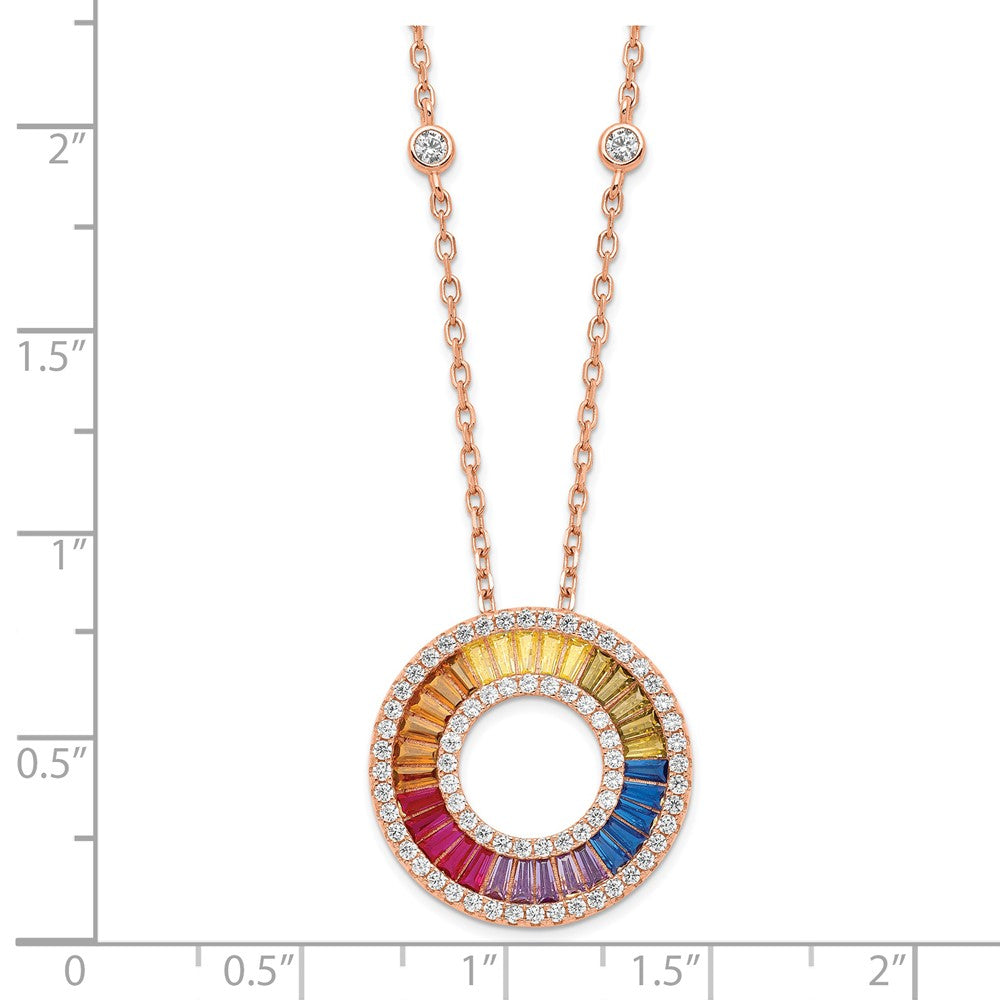 Prizma Sterling Silver Rose-tone 14K Flash Rose Gold-plated 16 inch Colorful Baguettes CZ Circle Necklace with 2 inch Extender 16 Inches