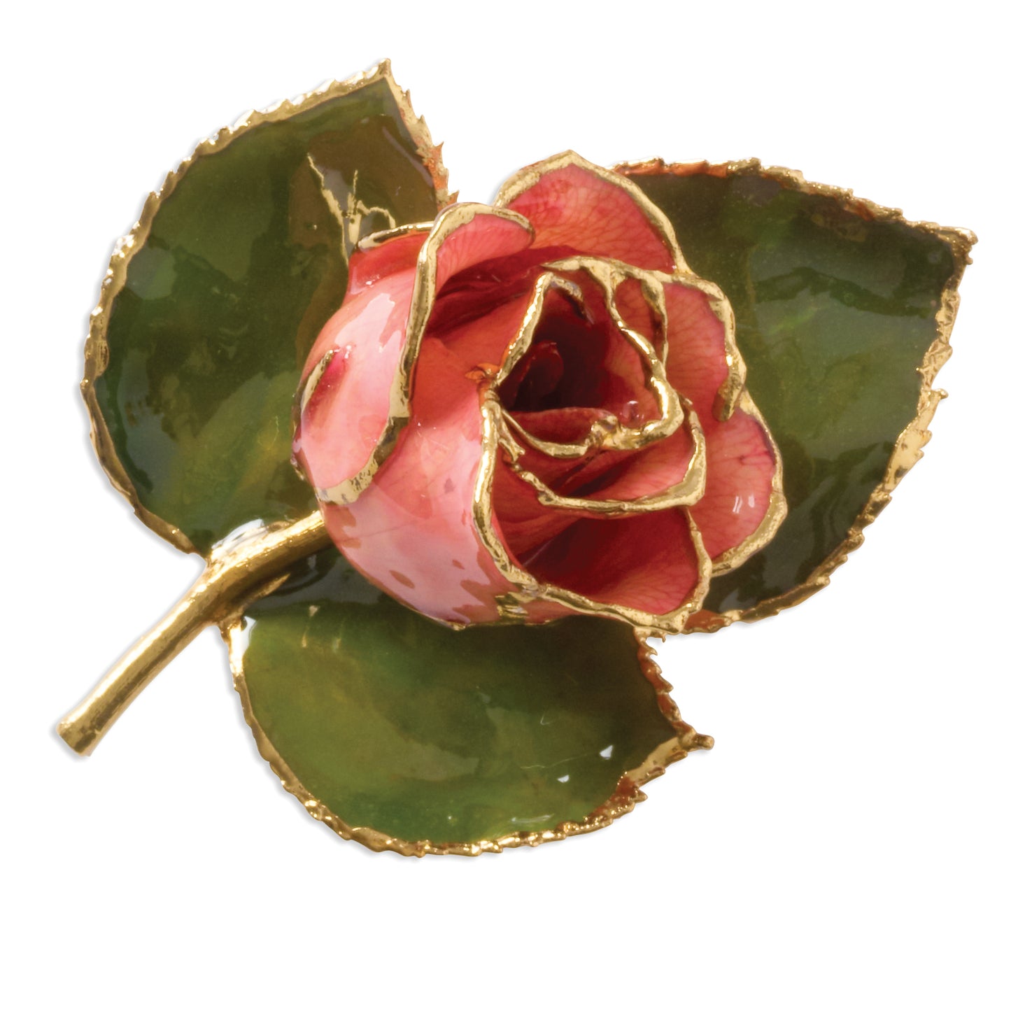24k Gold-trim Lacquer Dipped Pink Rose on Leaf Pin/Boutonniere QBF1343