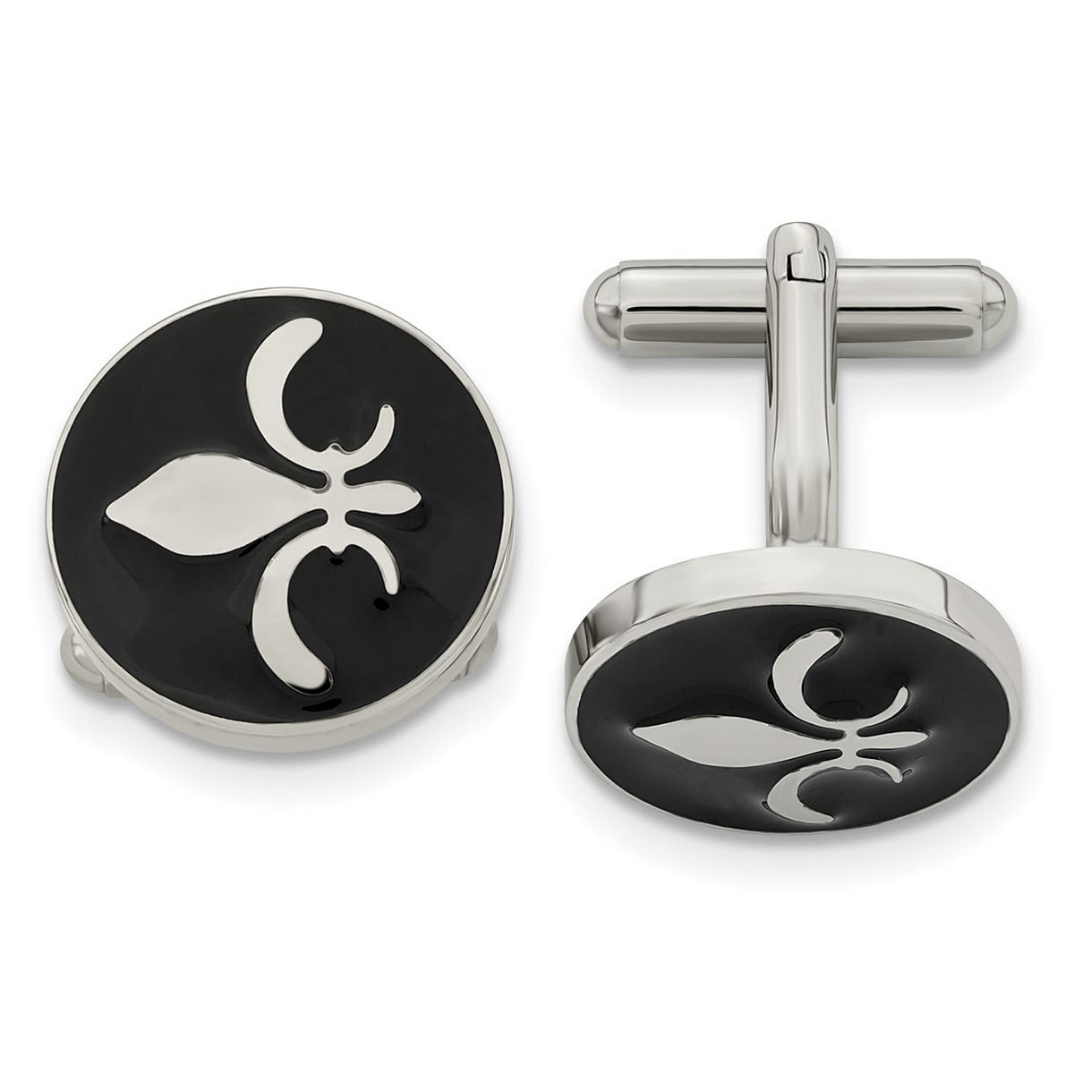Stainless Steel Polished Black Enamel With Fleur De Lis Cuff Links Measures 18x18mm Wide - Cuff Link for Men