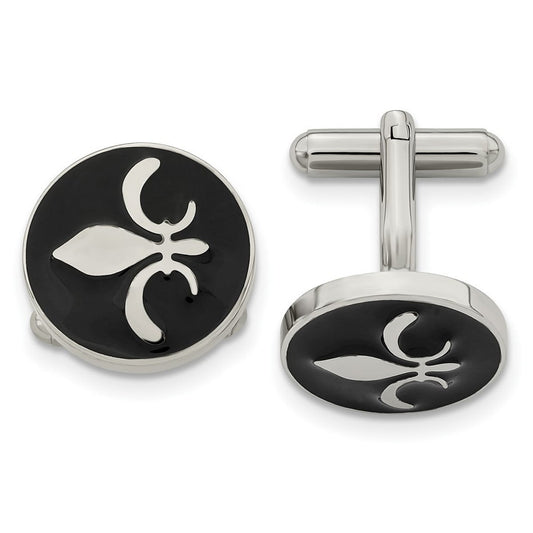 Stainless Steel Polished Black Enamel With Fleur De Lis Cuff Links Measures 18x18mm Wide - Cuff Link for Men