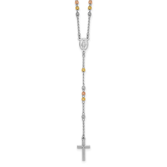 Sterling Silver Rhodium-plated Diamond-cut Tri-color Gold-plated 18.5 inch with 1 inch extender Rosary Necklace