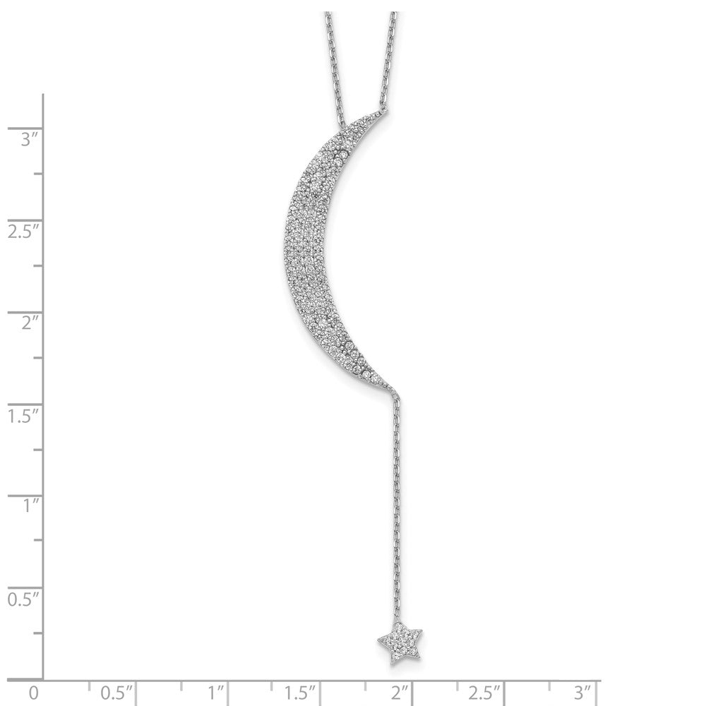 Sterling Silver Rhod-plated CZ Moon and Star w/2in ext. Necklace 16 Inches