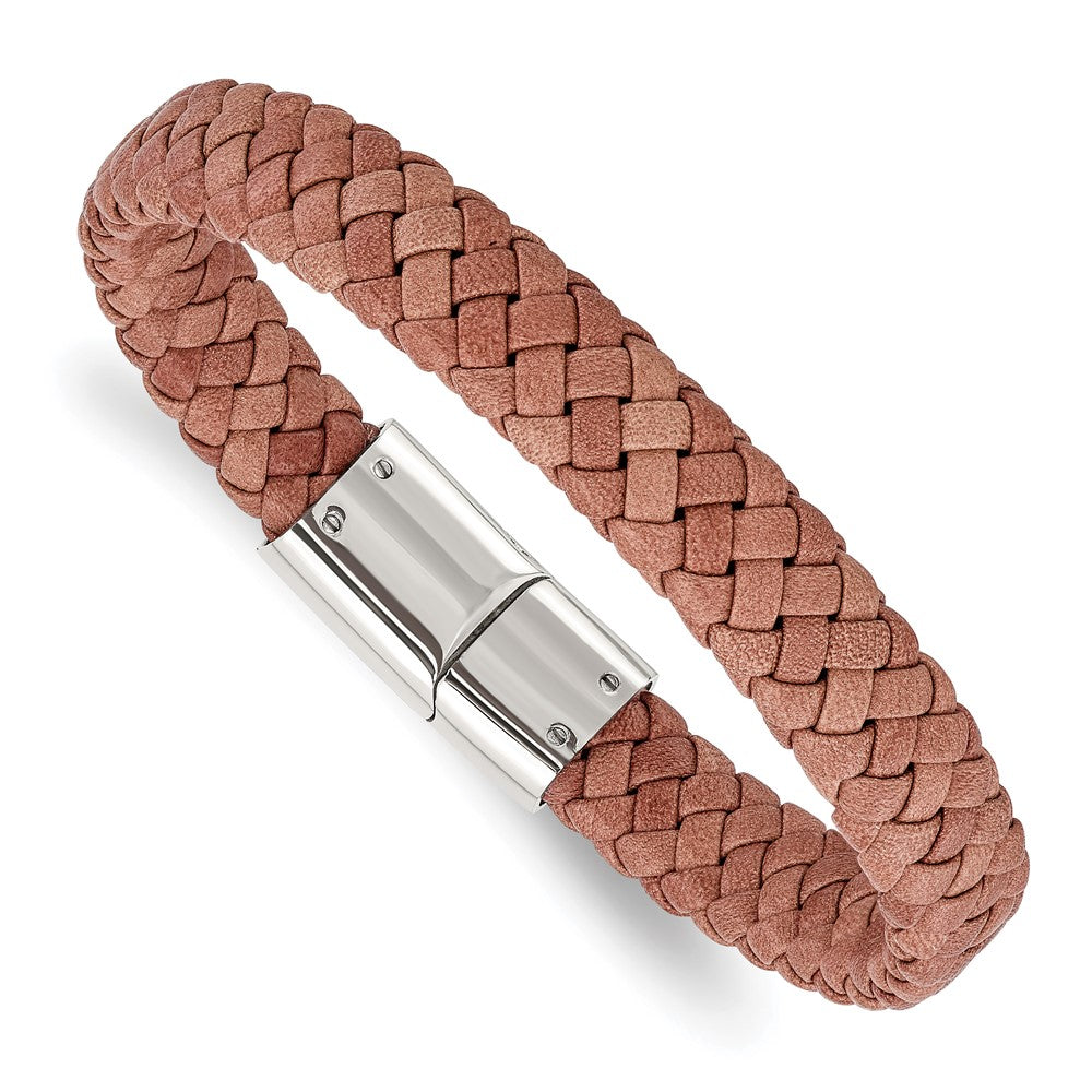 Stainless Steel Polished Woven Brown Leather 8.25in Bracelet 8.25 inches