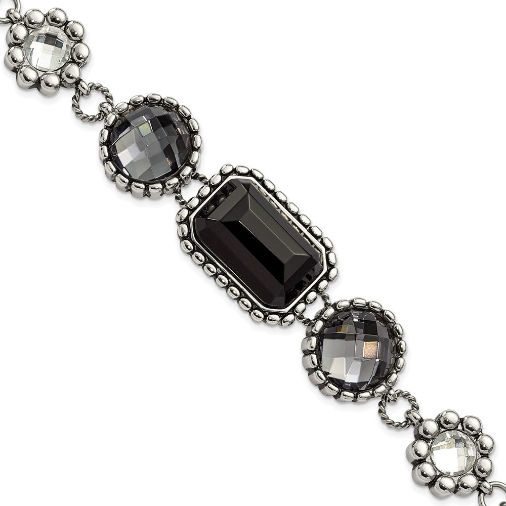 Stainless Steel Polished/Antiqued Glass Beaded w/1in ext. Bracelet