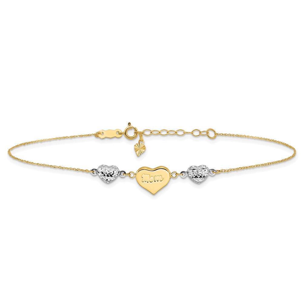14K Two-tone Diamond-cut Puffed Hearts MOM 9in Plus 1in ext Anklet