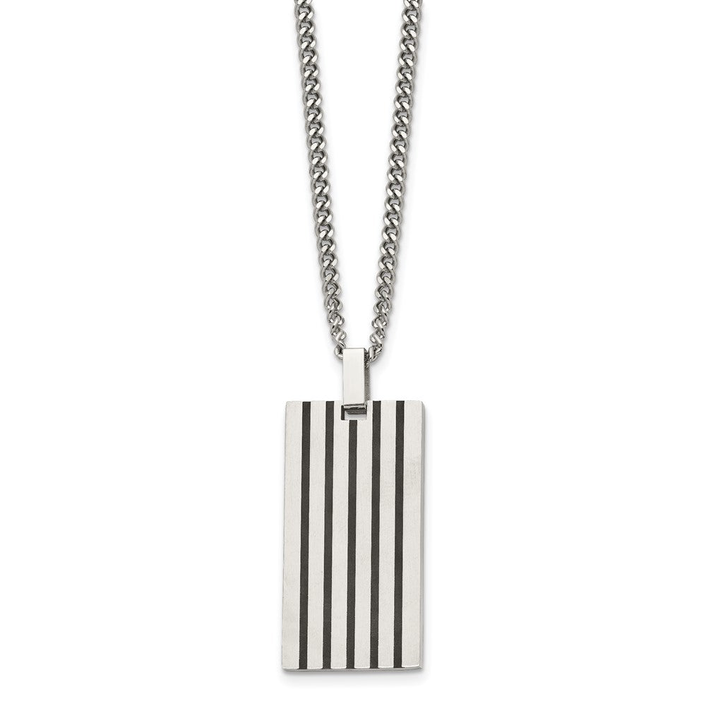 Stainless Steel Brushed w/Black Rubber Inlay Rectangle 22in Necklace