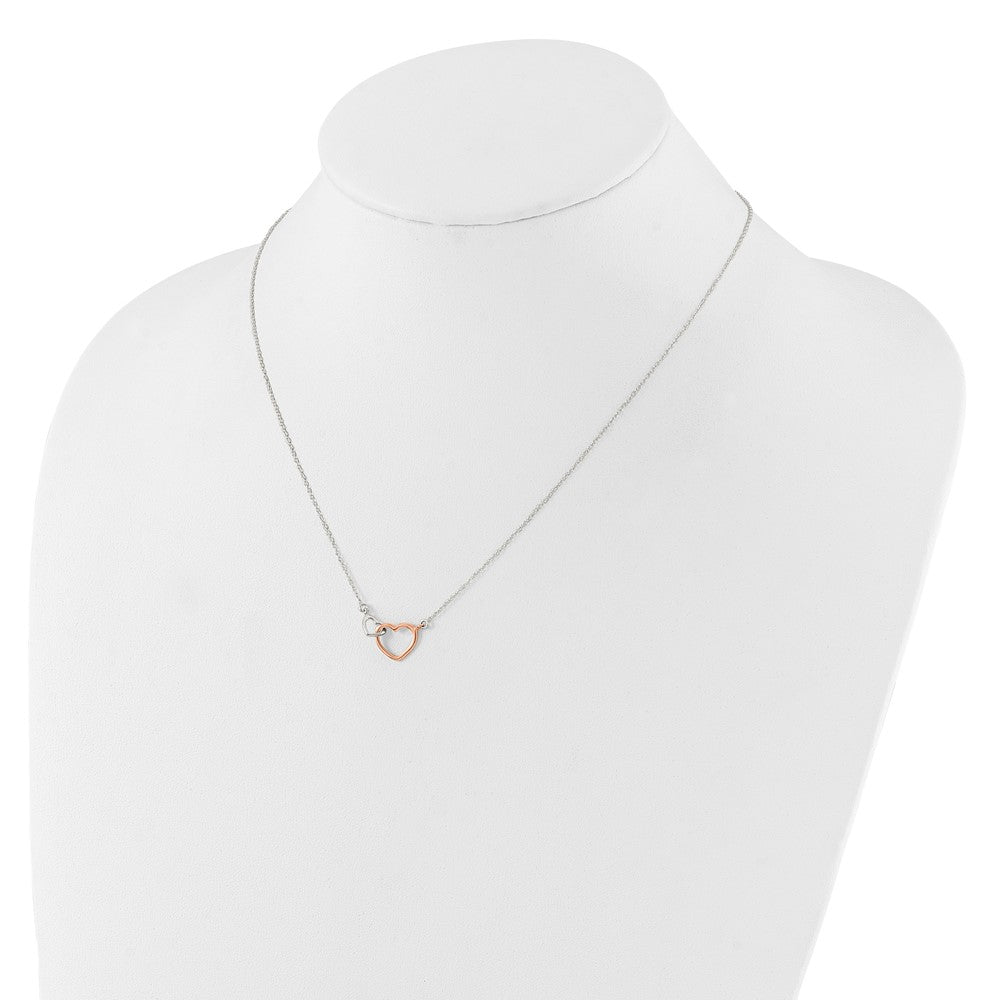 Sterling Silver and Rose-tone Polished Double Heart 18in Necklace 18 Inches