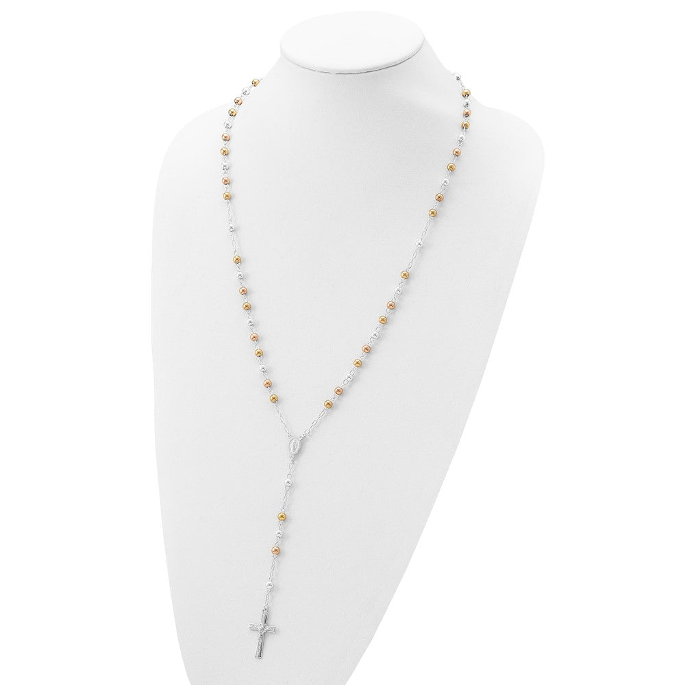 Sterling Silver Polished Rosary Tri-color Beads Necklace 26 Inches