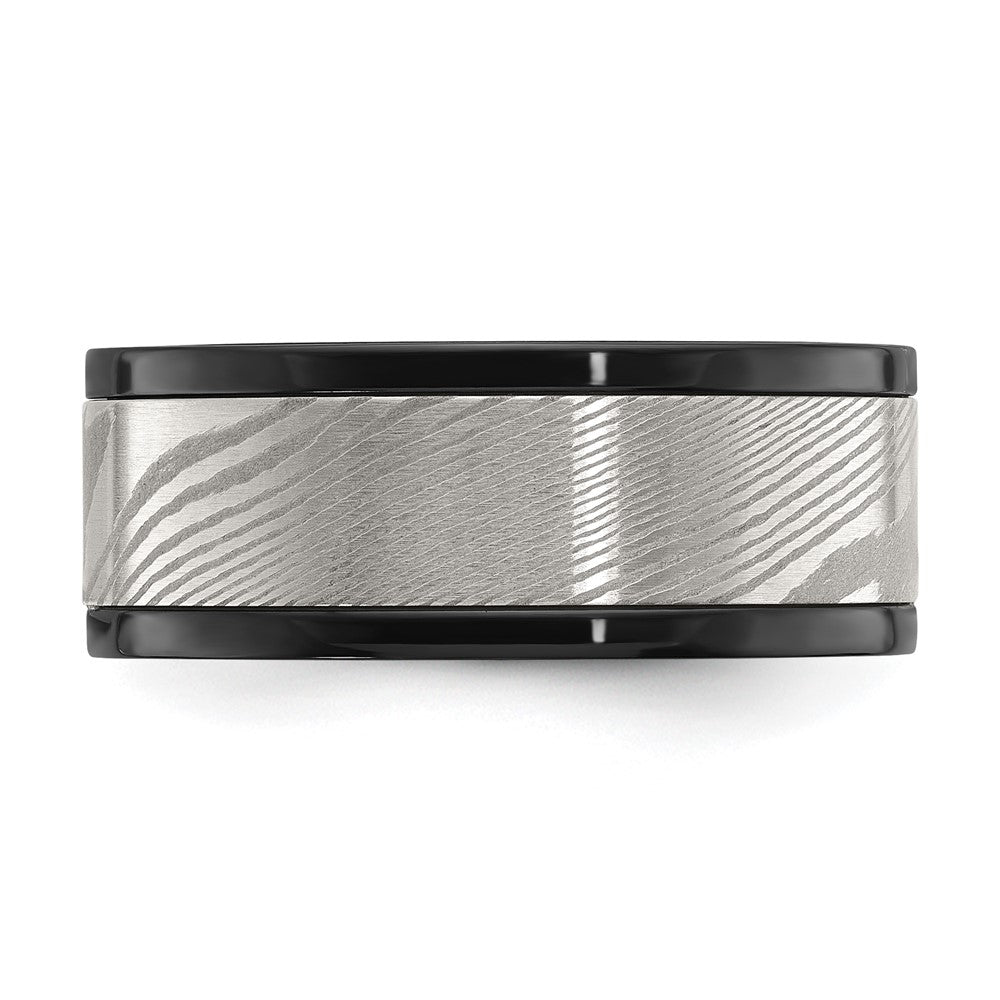 Chisel Black Zirconium Polished with Damascus Inlay 9mm Band Size - 10
