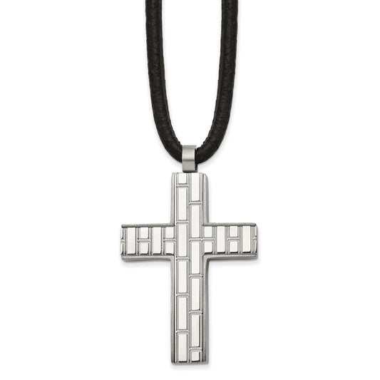 Stainless Steel Brushed & Polished Cross Blk Rubber Cord 19.5in Necklace