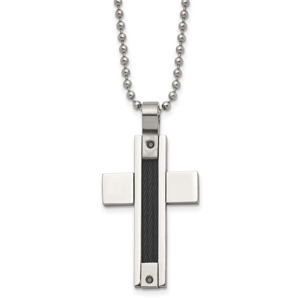 Stainless Steel Polished Black IP Cable 1/20ct Black Dia Cross Necklace
