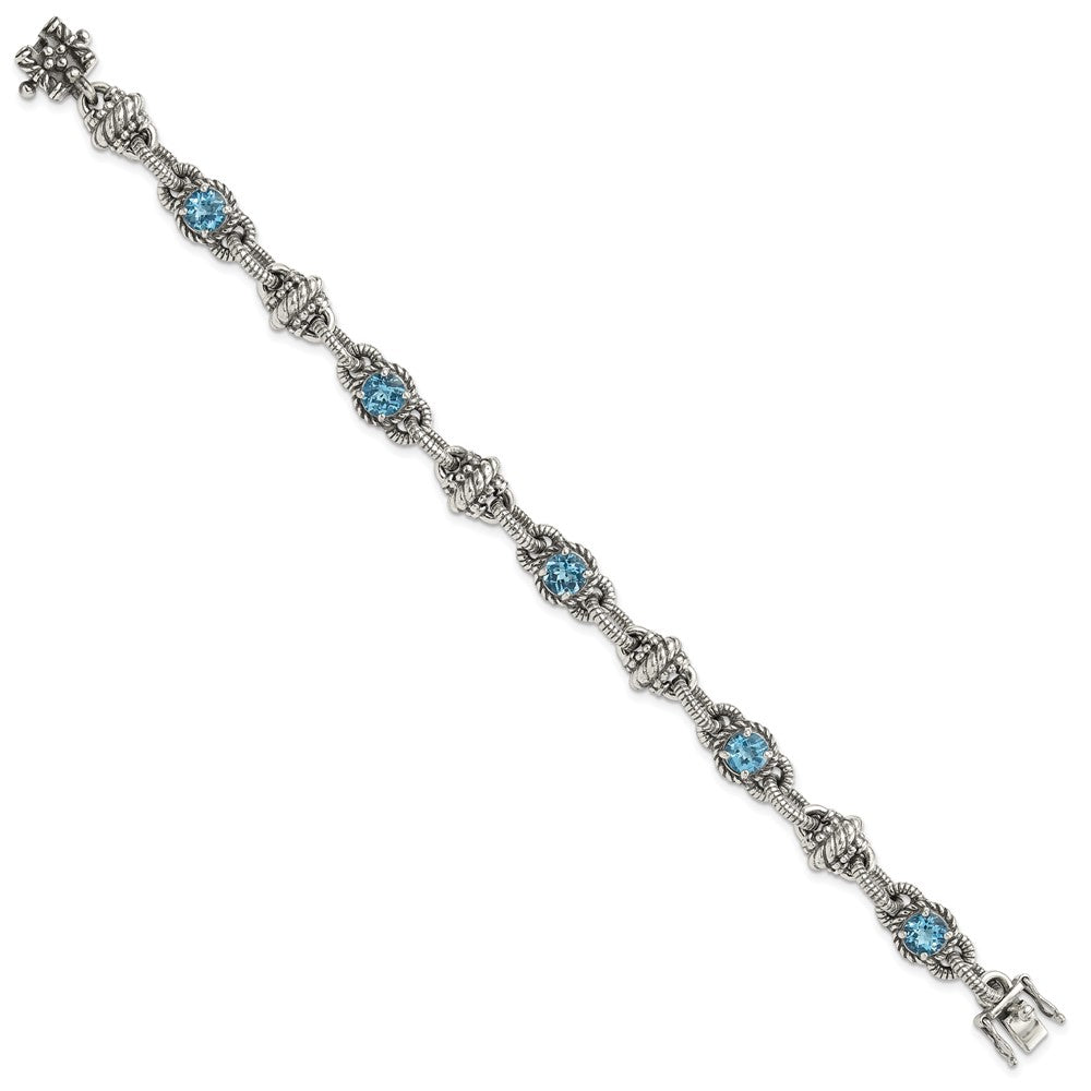 Shey Couture Sterling Silver Antiqued 7.75 Inch Round Swiss Blue Topaz Bracelet 7.75 inches