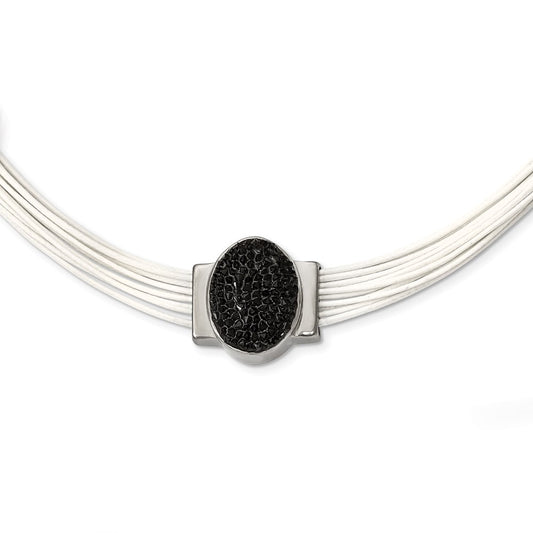 Stainless Steel 18+2in ext Cotton Cord Polished Blk Crystal Necklace