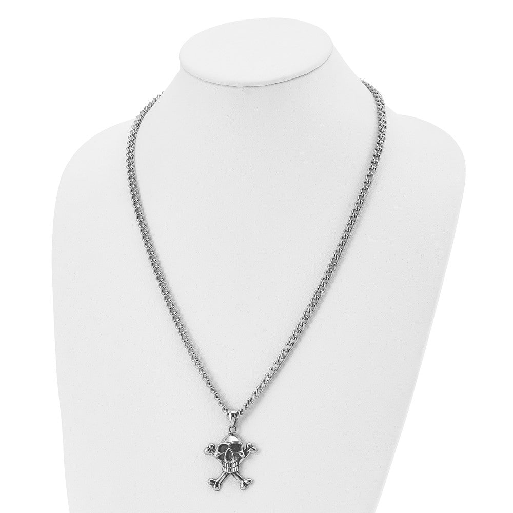 Stainless Steel Antiqued and Polished Skull & Crossbones 24in Necklace