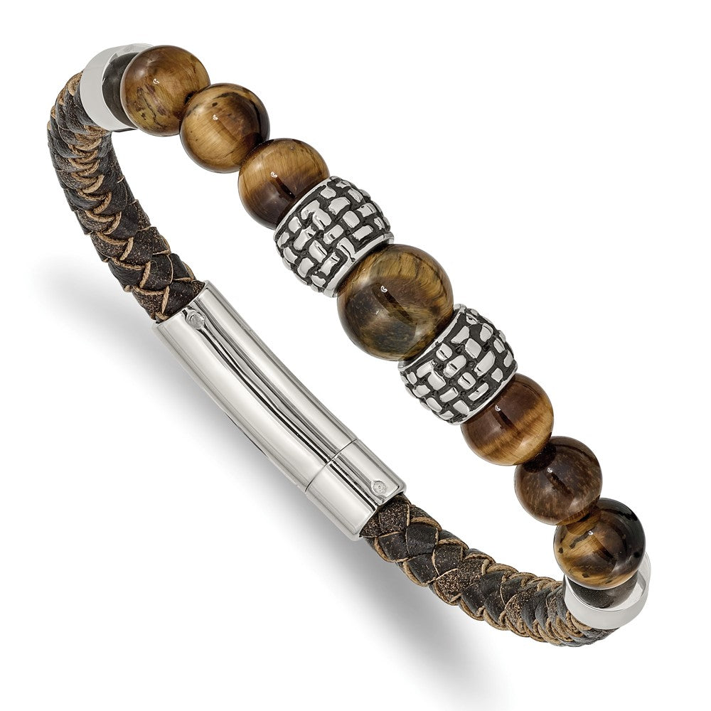 Stainless Steel Antiqued and Polished Tiger's Eye Leather 8.5in Bracelet 8.5 inches
