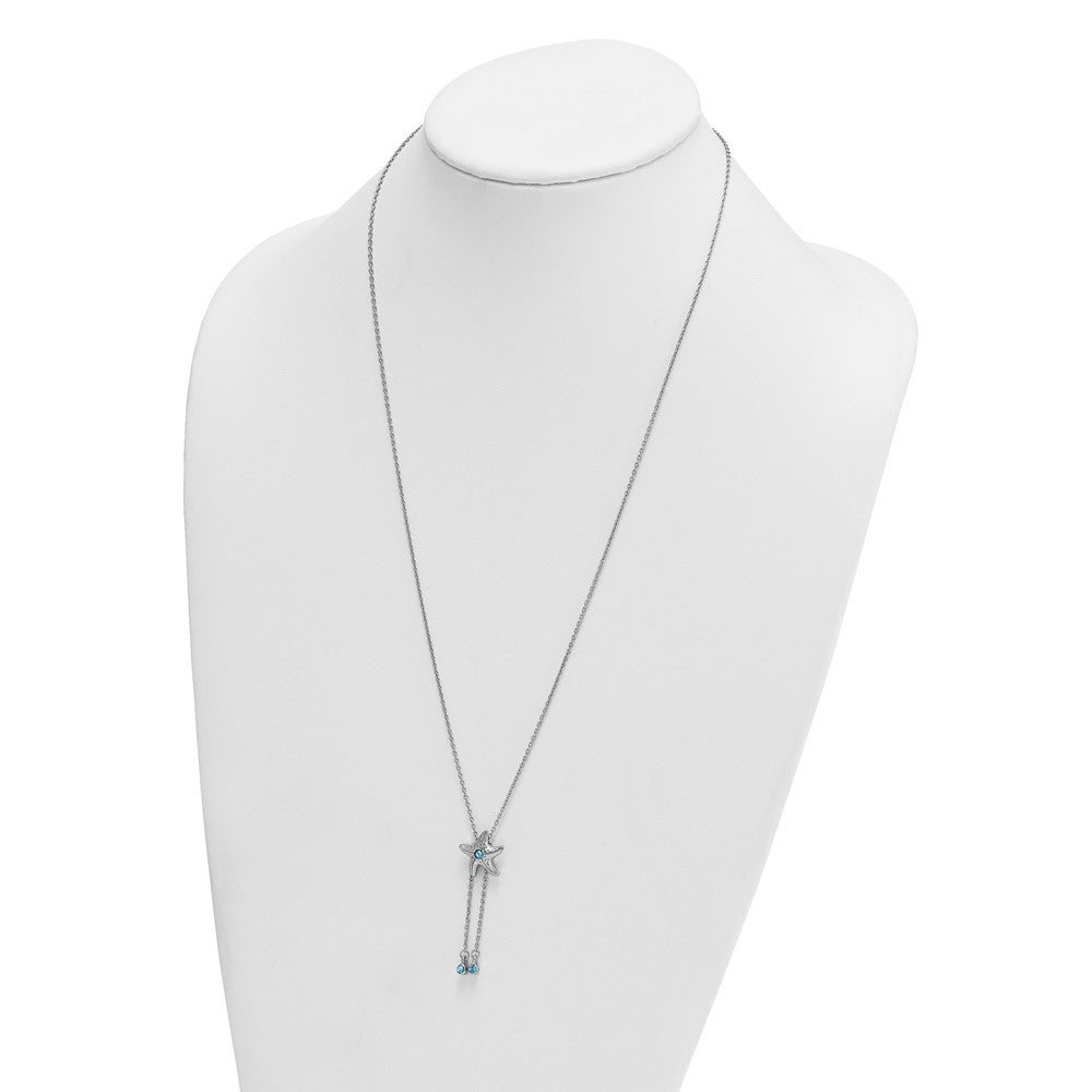 Sterling Silver Rhodium-Plated Polished and Textured Crystal Starfish Adjustable Necklace