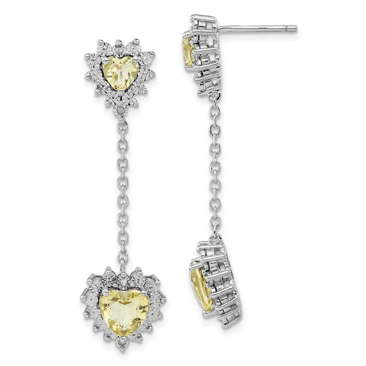 Sterling Silver Polished Diamond & Lemon Quartz Heart Dangle Earrings