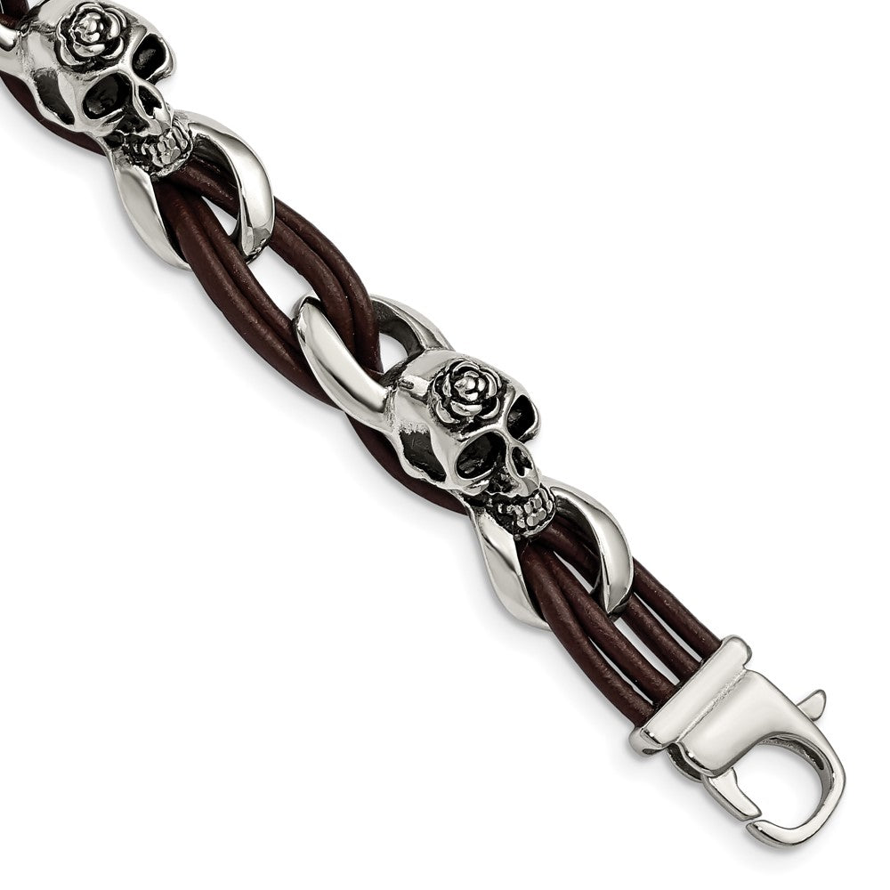 Stainless Steel Antiqued & Polished Skulls/Roses Brown Leather Bracelet 8 inches