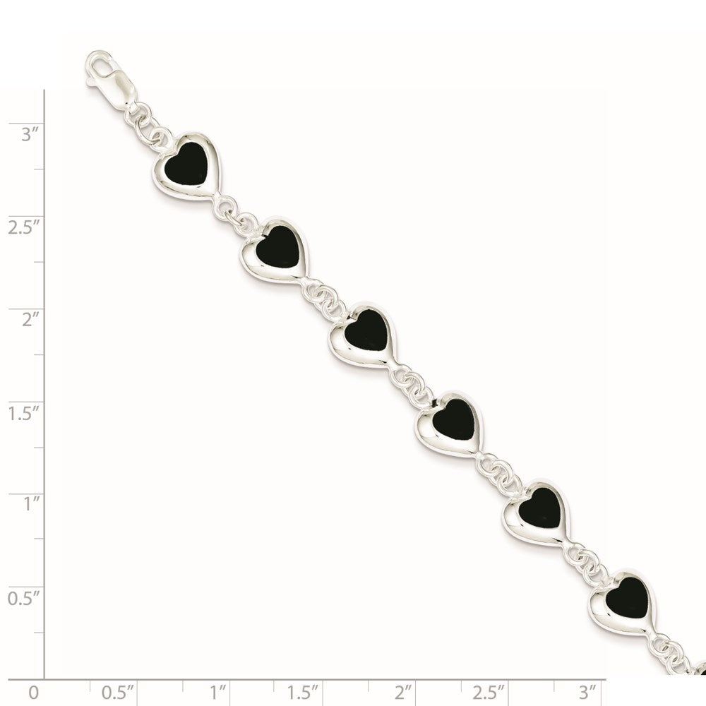 Sterling Silver Rhodium-plated 7inch Fancy Polished Heart Onyx Bracelet 7 inches