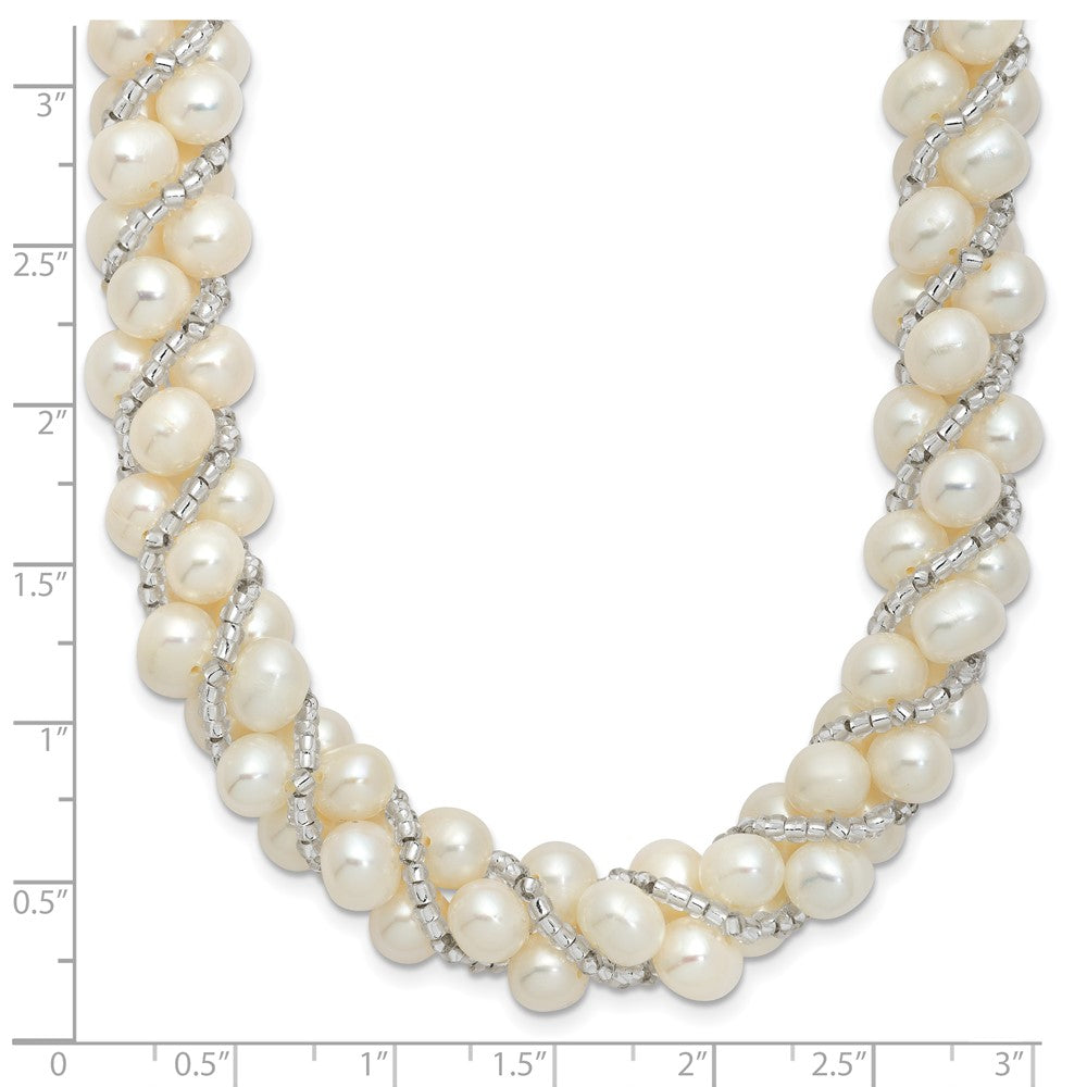 Sterling Silver Rhodium-plated 6-7mm White Near-Round Pearl and Glass Beaded Twisted 18 inch Necklace 18 Inches
