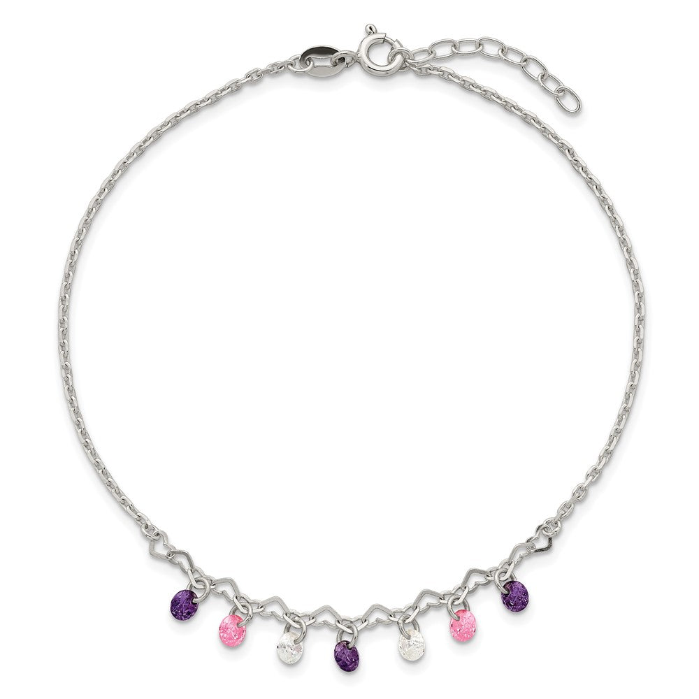 Sterling Silver Polished Purple/Pink/White CZ with Hearts 9 inch with 1 inch Extension Anklet