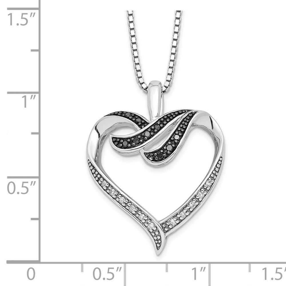 White Night Sterling Silver Rhodium-plated Black and White Diamond Heart 18 Inch Necklace with 2 Inch Extender 18 Inches
