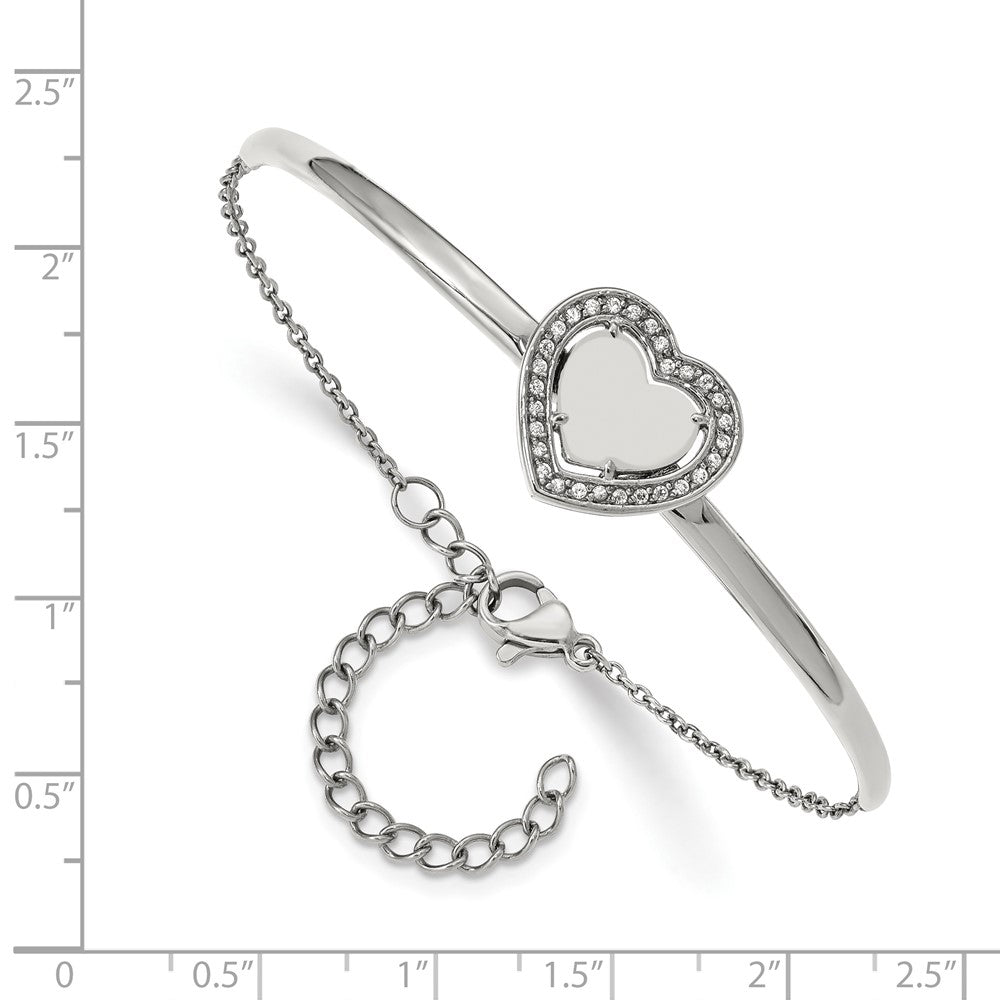 Stainless Steel Polished with CZ Heart 6.5in w/2in ext. Bar Bracelet 6.5 inches