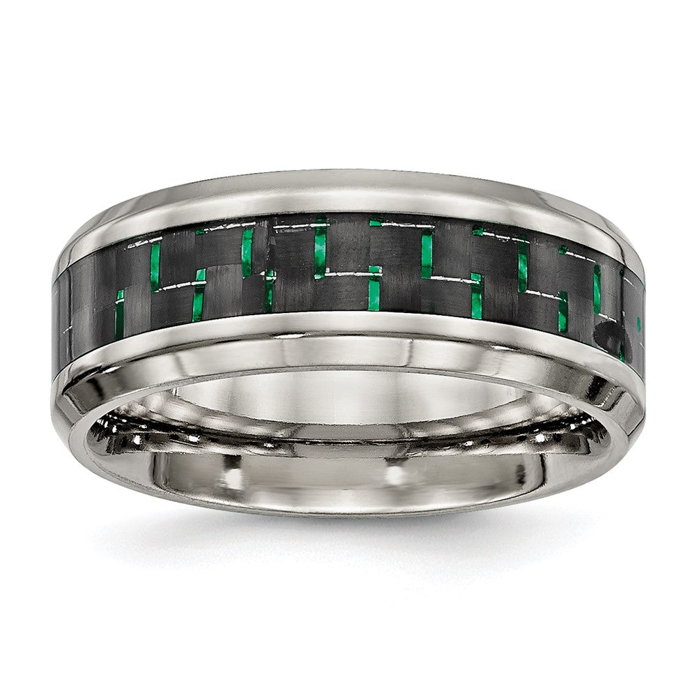 Stainless Steel Polished Black/Green Carbon Fiber Inlay 8mm Band Size - 10.5