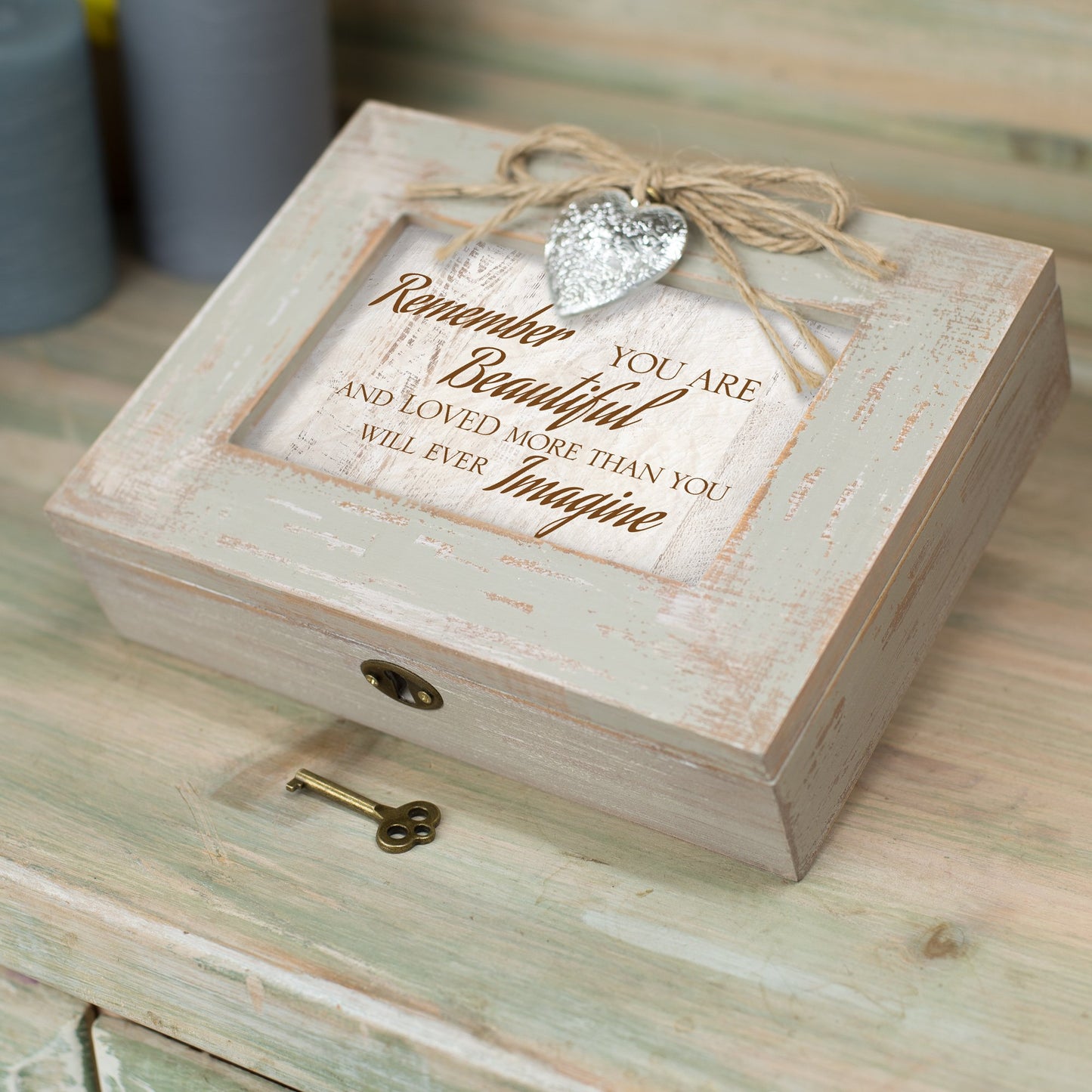 You Are Beautiful Distressed Finish 4x6 Sentiment Frame (Plays You Light Up My Life) Locking Heart Locket Wooden Music Box Q-GM18548