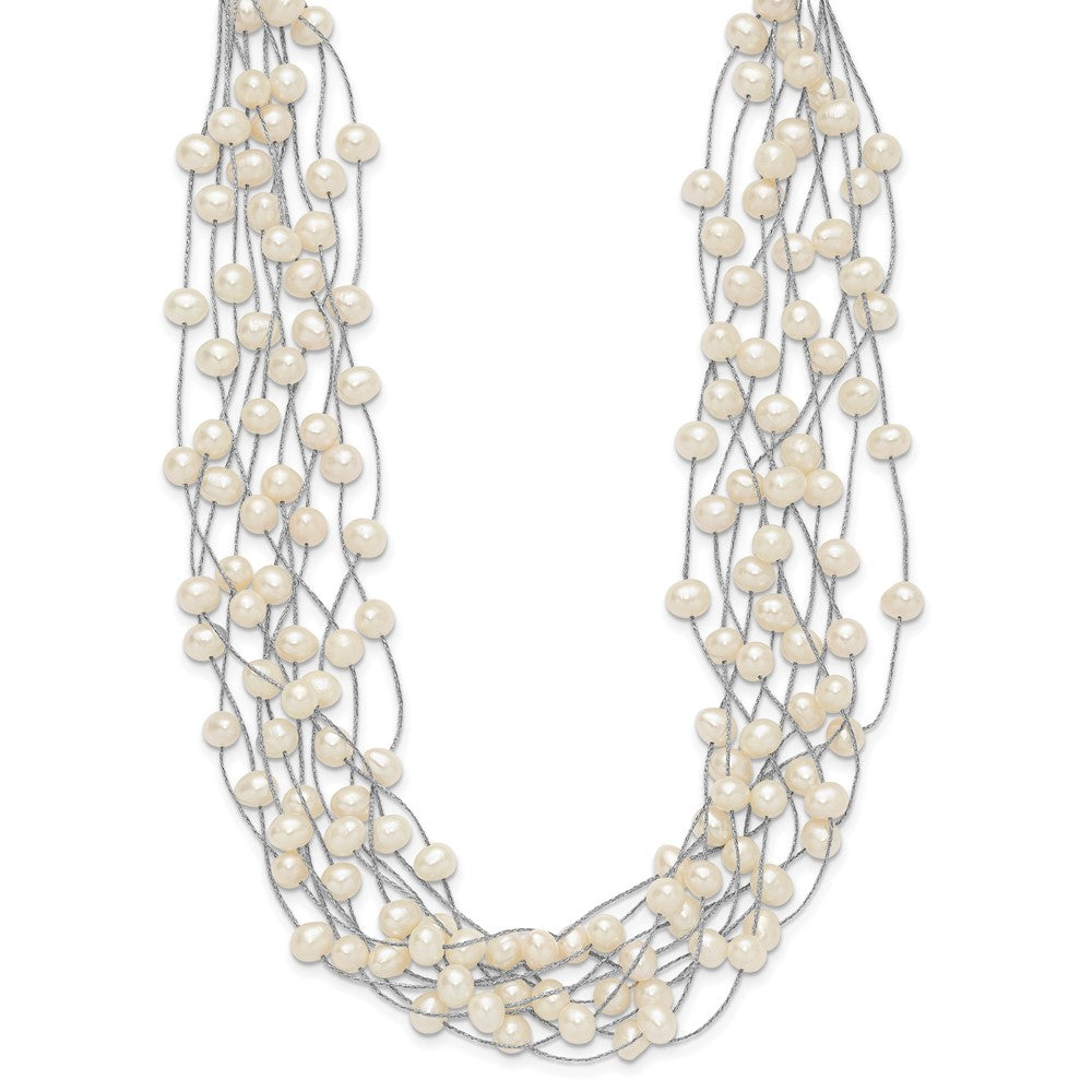 Sterling Silver Rhodium-plated 6-8mm White Semi-Round Freshwater Cultured Pearl Multi Strand 15 inch Necklace 15 Inches