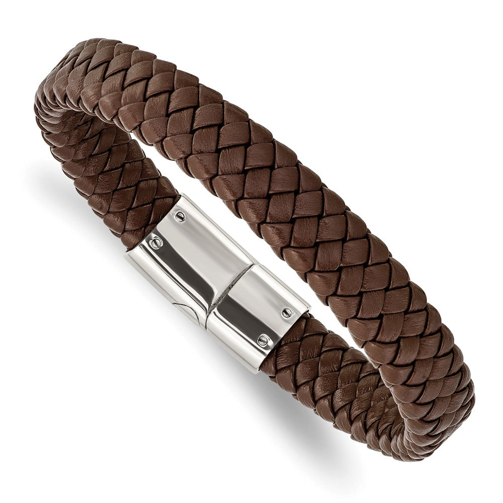 Stainless Steel Polished Braided Brown Leather 8.5in Bracelet 8.5 inches