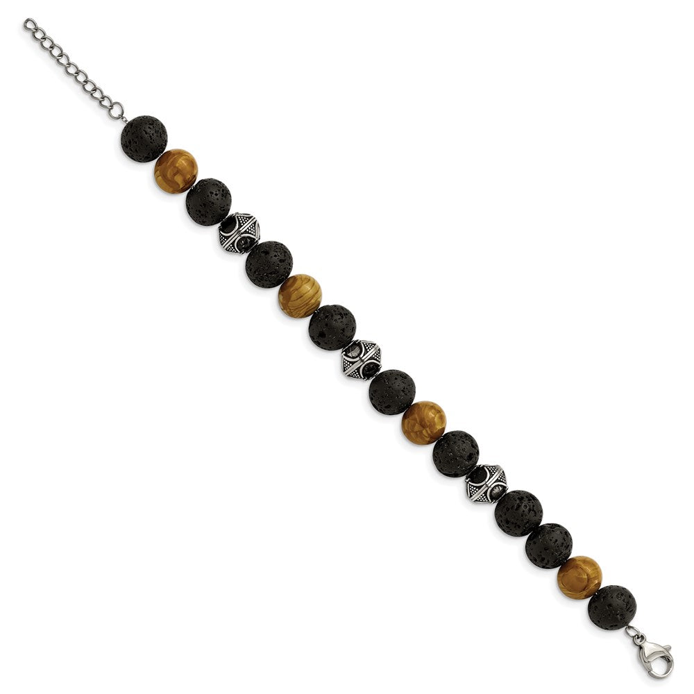Stainless Steel Antiqued 9.5-10mm Lava/Red Wood Stone w/1in ext Bracelet 7.25 inches