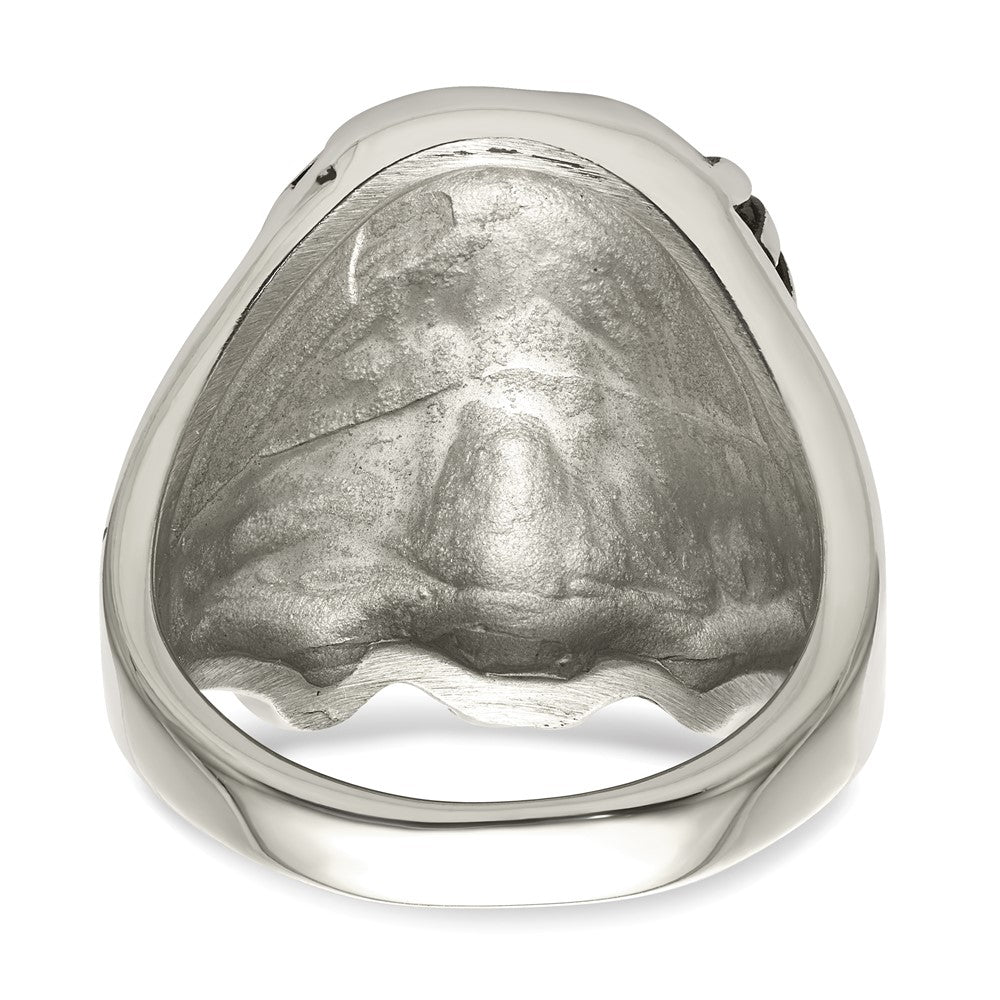 Stainless Steel Antiqued and Polished w/Black & White Crystal Jesus Ring Size - 10