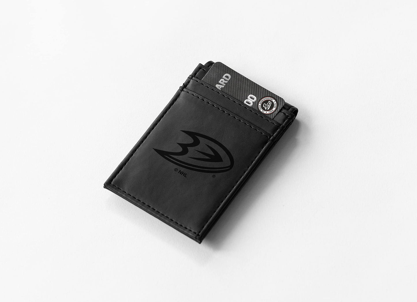 NHL Anaheim Ducks Black Faux Leather Front Pocket Wallet with 2 Card Slots and ID Window QGC7562
