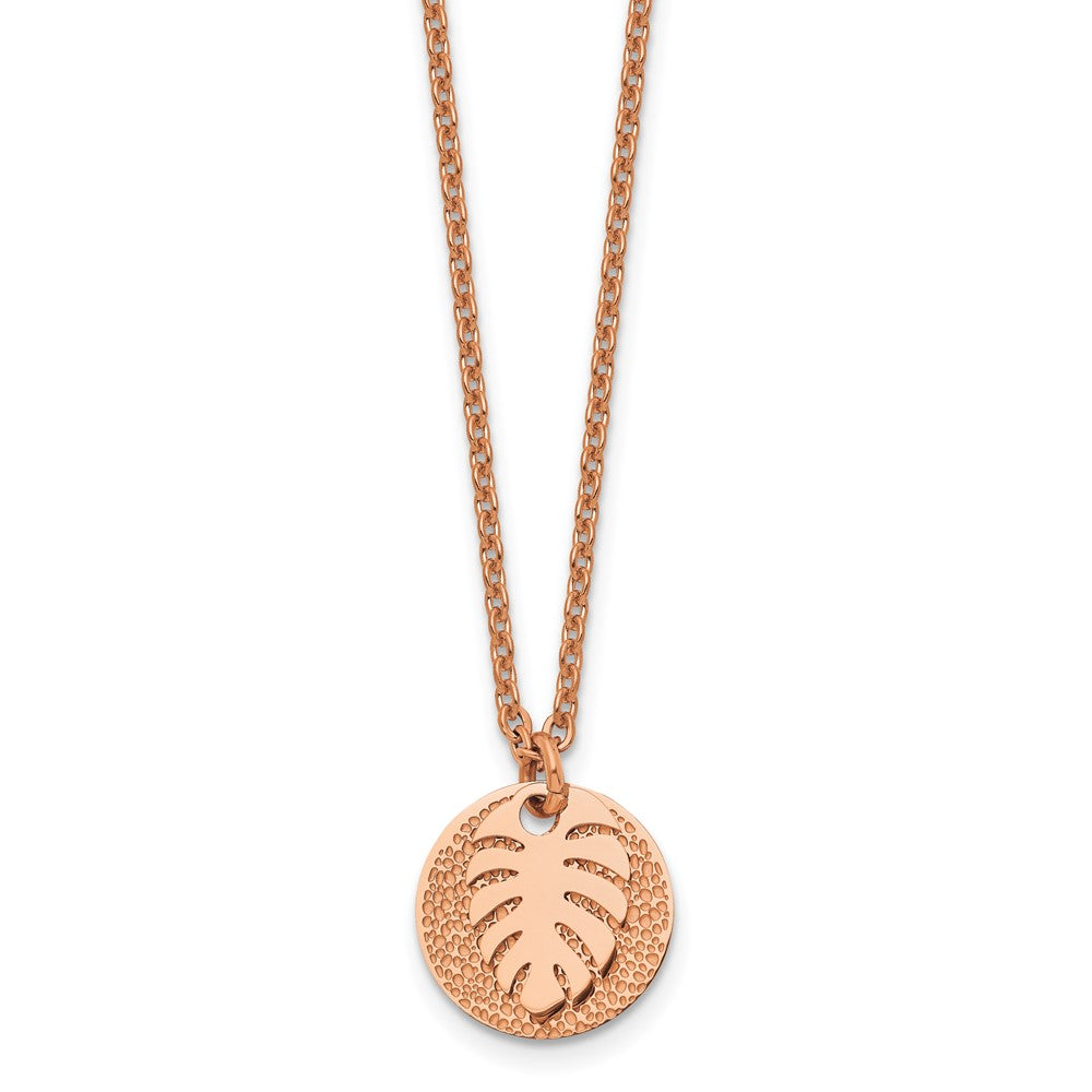 Stainless Steel Polished Textured Rose IP Circle with Leaf 27.5in Necklace