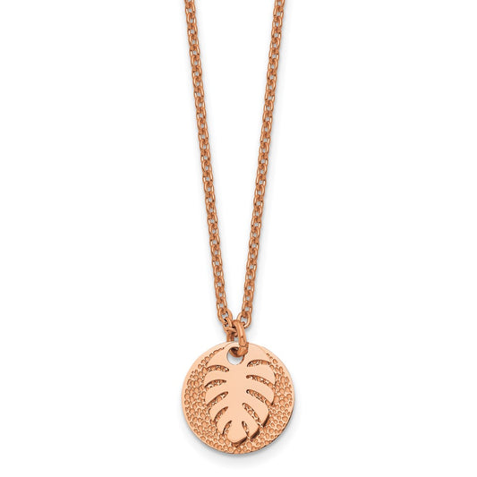 Stainless Steel Polished Textured Rose IP Circle with Leaf 27.5in Necklace