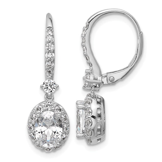 Cheryl M Sterling Silver Rhodium-plated Polished Oval CZ Halo Leverback Dangle Earrings