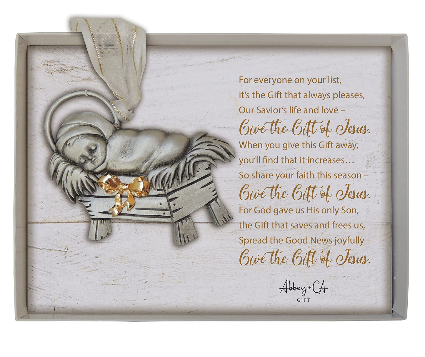 Cathedral Art CO948 Give Gift of Jesus Ornament Silver Enamel Finish on White Ribbon Gift Boxed