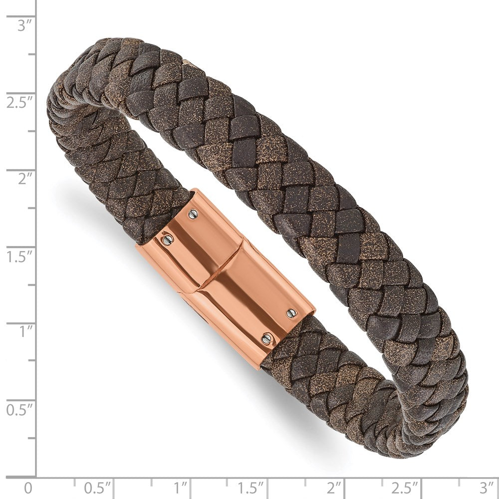 Stainless Steel Polished Rose IP Braided Brown Leather 8.5in Bracelet 8.5 inches