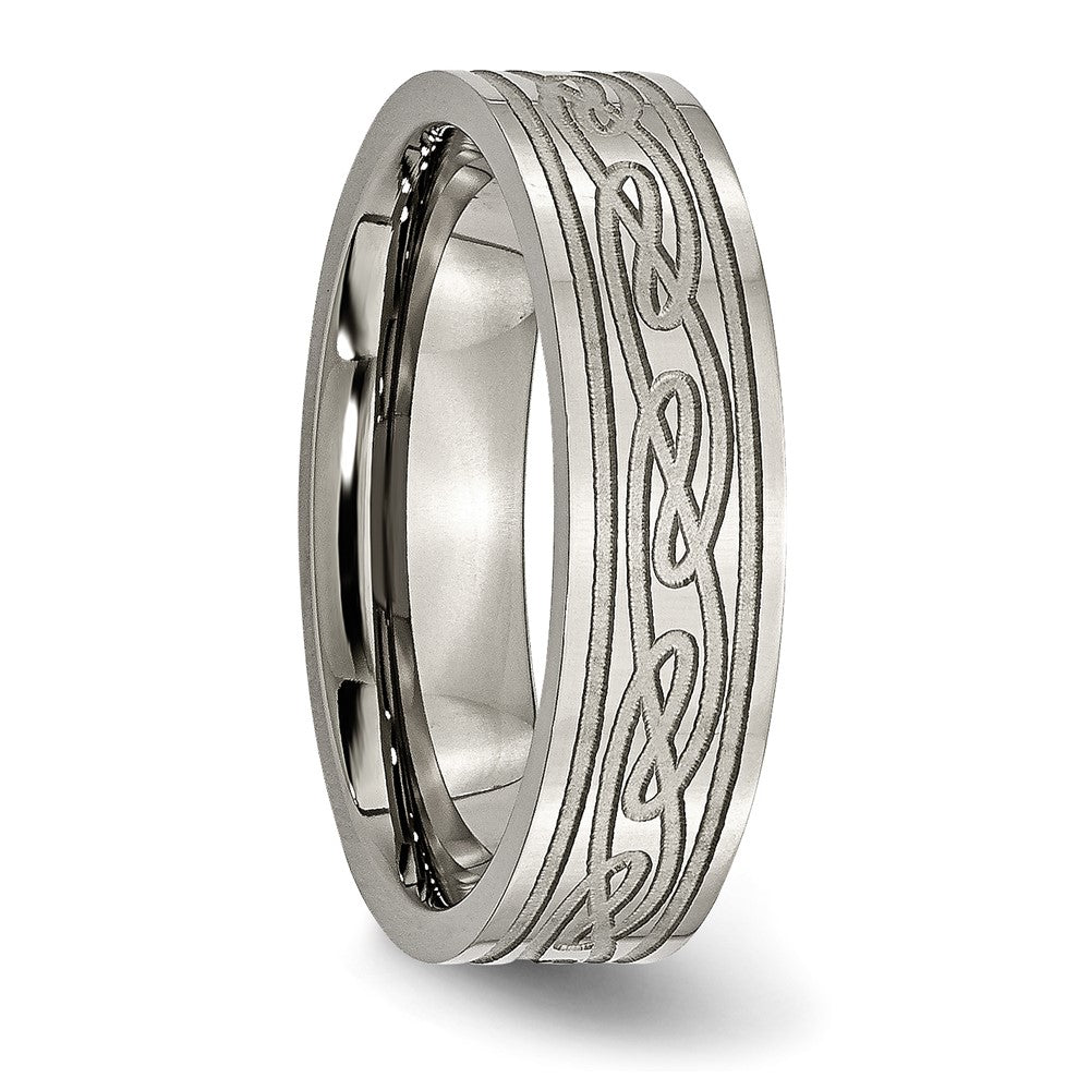 Titanium Polished Laser Etched 6mm Celtic Knot Flat Band Size - 12.5