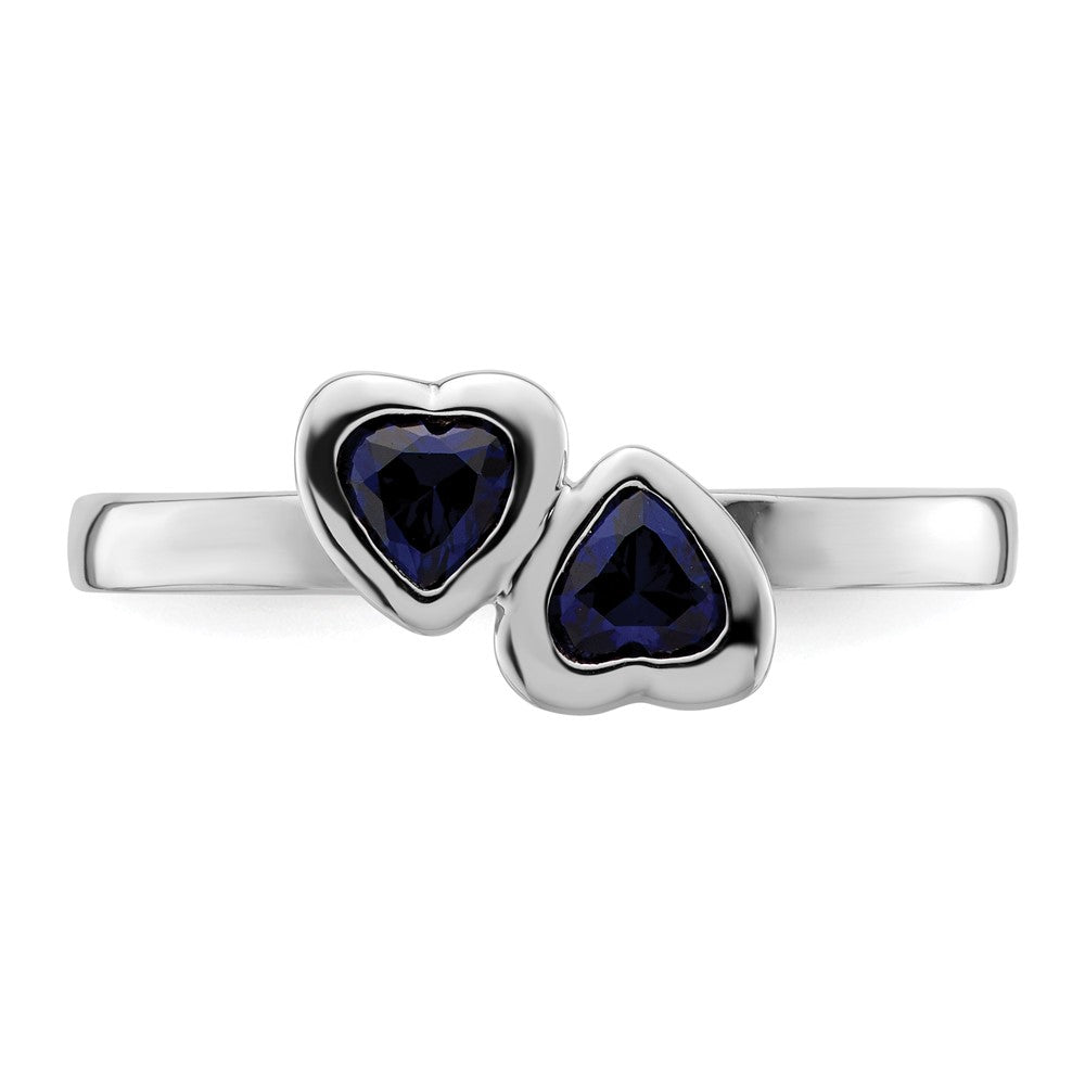 Sterling Silver Stackable Expressions Cr. Sapphire Double Heart Ring Size -7