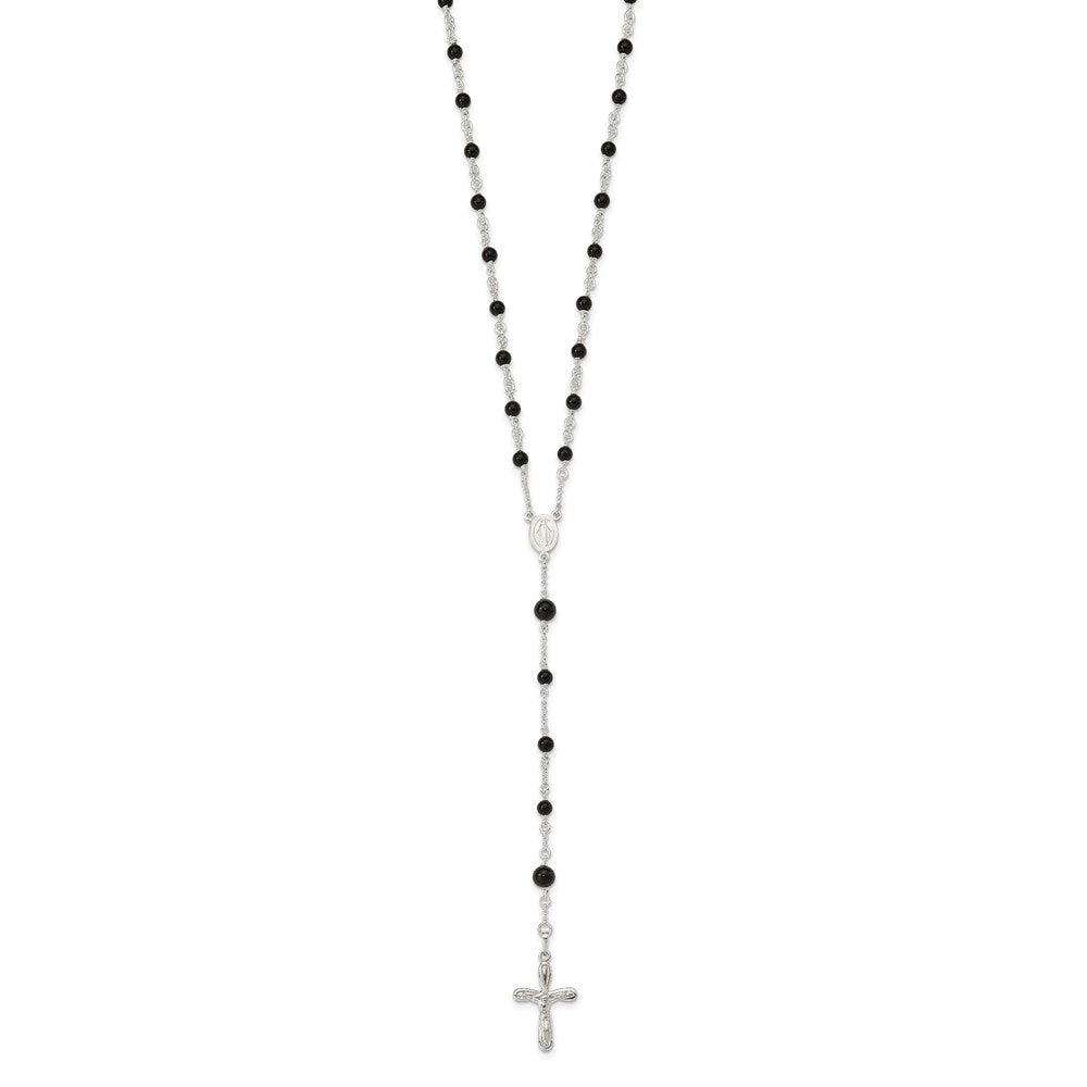 Sterling Silver Polished Black Onyx Rosary Necklace 33 Inches