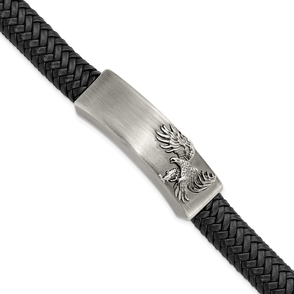 Stainless Steel Brushed Antiqued Leather Eagle 8.5in ID Bracelet 8.5 inches