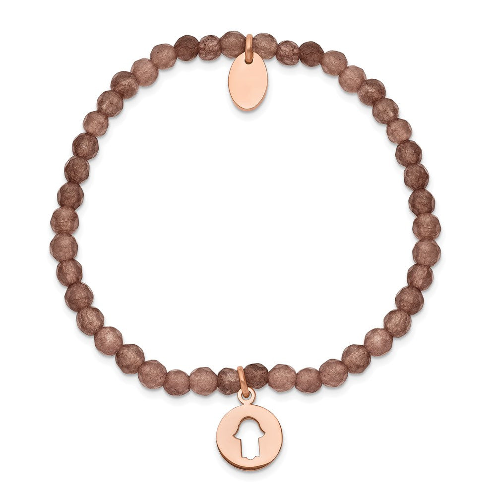 Stainless Steel Polished Rose IP Hamsa Brown Jade Stretch Bracelet