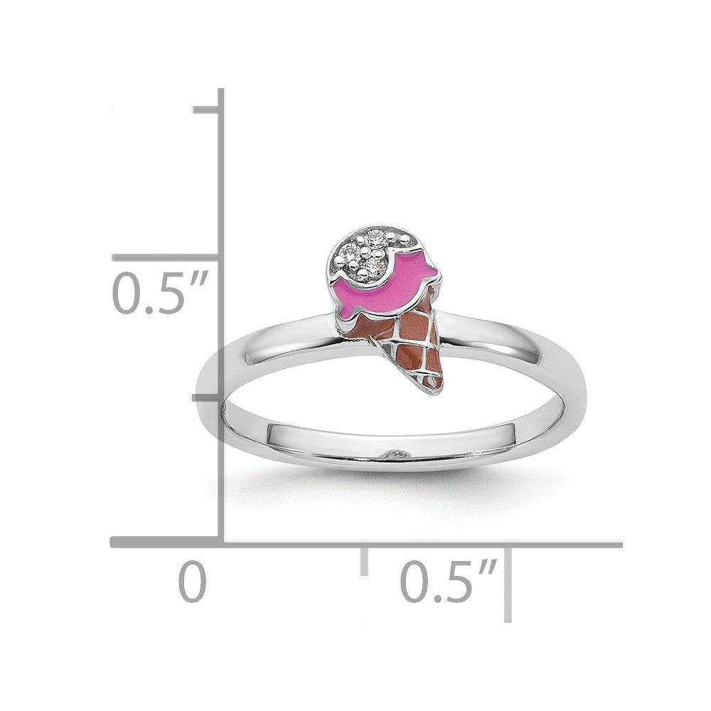 Sterling Silver Rhodium-plated Children's Size 4 Pink and Brown Enamel with CZ Ice Cream Cone Ring