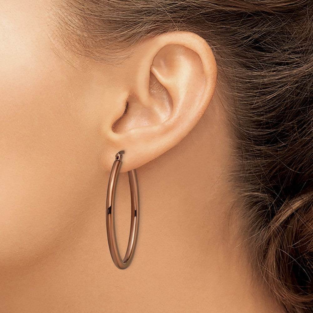 Stainless Steel Polished Brown IP 40mm Diameter Oval Hoop Earrings