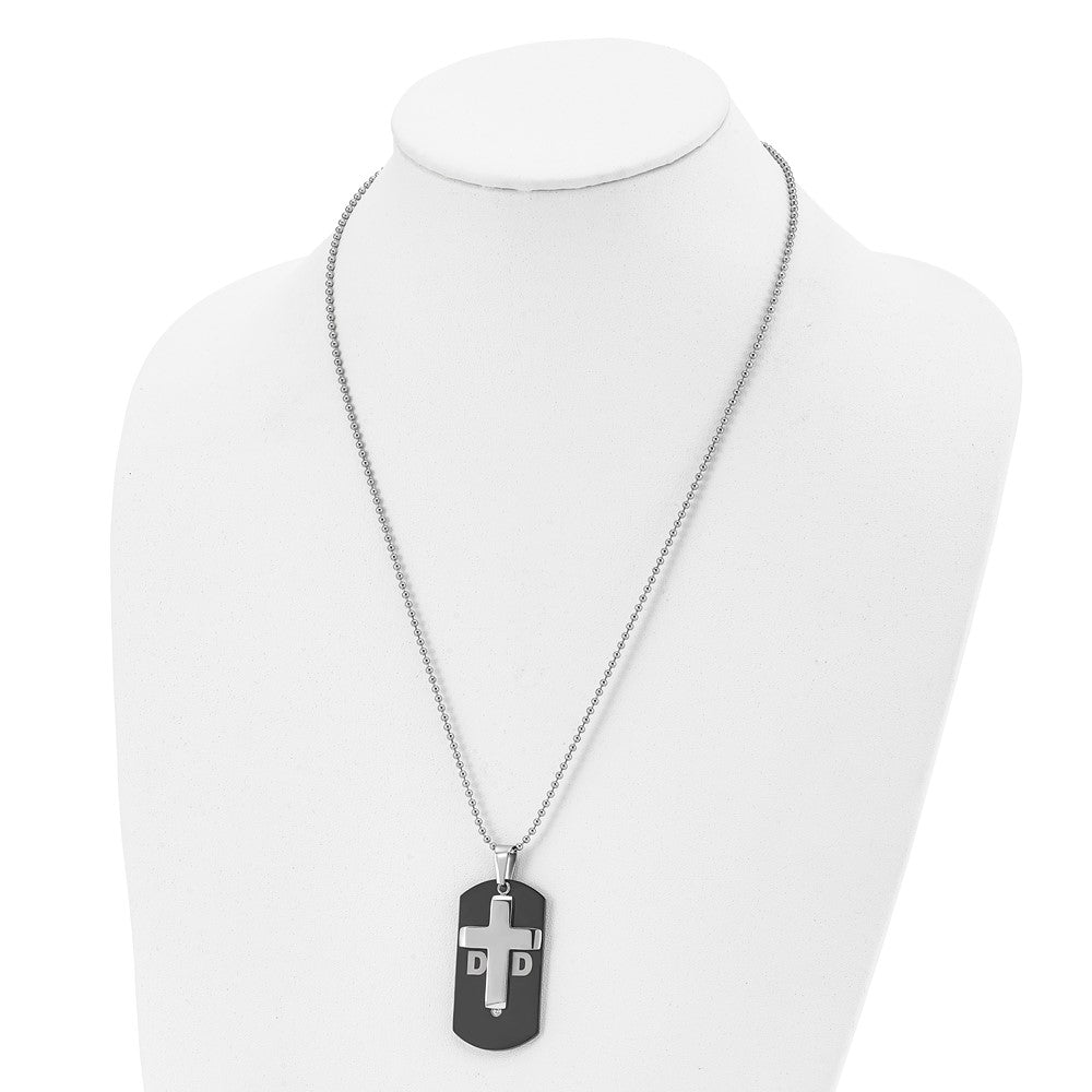 Stainless Steel Polished Black IP-plated Dog Tag with CZ Cross Necklace